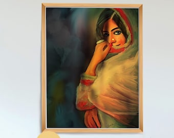 Indian Women In Dupptta Hidden Face Art Poster Print I Home Wall Decor I Indian Statement Wall Art I Indian Women Painting I Wall Art