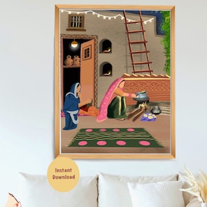 Punjabi Art Print ( Saanjha Chulha )  I Indian Ethnic Home Décor I Village Life I Traditional Printable Wall Art I Sikh Family Art Poster
