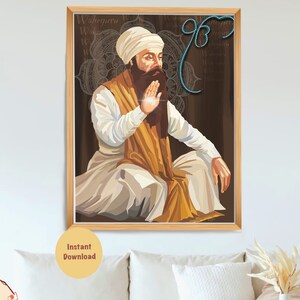 May include: A digital painting of a Sikh man wearing a turban and sitting in a meditative pose. The background is a dark brown with a white mandala and the word "Waheguru" written in a circular pattern.