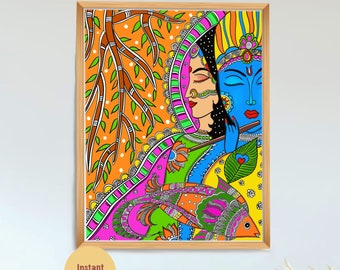 以下が含まれることがあります： 伝統的なインド様式のカップルを描いたカラフルな絵画。女性はピンクとグリーンのサリを着ており、男性は青いターバンを巻いています。2人とも魚を持っています。絵画は木製の額縁に入っています。