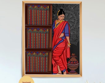 Marathi Women Standing By Door Art | Indian traditional folk art| Indian Painting I Ethnic Women Art Portrait I Traditional Home Wall Décor