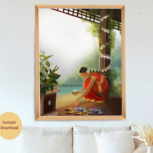 Op de afbeelding: Een vrouw in een rode en gouden sari steekt diyas aan, kleine kleilampen, op de vloer. De diyas zijn in een patroon gerangschikt en worden met vlammen aangestoken. De vrouw staat voor een groene plant en een witte muur. De afbeelding is een digitale illustratie.