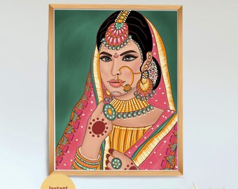 Indian Royal Lady Art Print,Printable Indian Wall Art,Indian Woman Painting,Downloadable Decor,Portrait Art Wall Pictures For Living Room