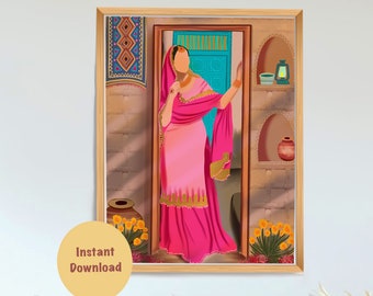 May include: A digital illustration of a woman in a pink and gold salwar kameez standing in a doorway. The woman is wearing a pink dupatta and has her hair pulled back. The doorway is decorated with a blue and gold design. The background is a light brown color.