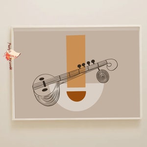 Saraswati Veena Sitar Boho minimalistische stijl Chennai Wall Decor, Carnatic Music, Zuid-Indiase muziekinstrumenten Decor, Cadeau voor muzikant
