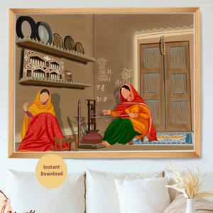 Kaam Kaaj I Punjabi Village Art Village Life I Indian Ethnic Home Decor I Traditional Indian Printable Wall Art I Punjabi wall decor