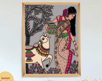 May include: A digital illustration of a woman in a pink and green sari holding a pot, walking with a white cow decorated with colorful patterns. The background is a gray color with a green tree.
