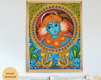 Krishna Kerala Mural Mandala Indian Art I Krishna Rajasthani Paintings I Religious Hindu GOD Art I Spiritual Wall Art I Digital Download