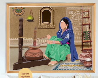 May include: A digital illustration of a woman in traditional Indian clothing sitting in a room with a wooden churn and a ladder. The woman is wearing a blue headscarf and a green skirt. The room is decorated with traditional Indian patterns. The text "Instant Download" is visible in the image.