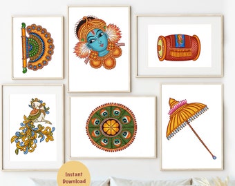 Set Of 6 Kerala Mural Painting I Digital Download I Religious I Hindu GOD I Spiritual Wall Art I Indian Traditional Art Décor