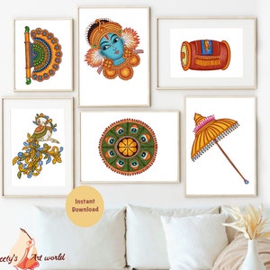 Set Of 6 Kerala Mural Painting I Digital Download I Religious I Hindu GOD I Spiritual Wall Art I Indian Traditional Art Décor