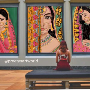 Set of 3 Indian Royal Lady Art Print, Printable Wall Art, Indian Woman , Downloadable Wall Décor, Portrait Wall Art , Traditional Art Décor