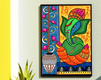 Colorful Madhubani Indian God Ganesha print I Meditation art decor I Yoga studio | Instant Printable digital download | Colorful wall decor