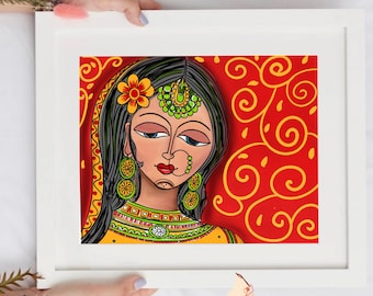 Traditionelle ethnische indische Frauen Kunst Illustration I Home Wanddekor I Gesicht Kunstdruck I Druckbare Kunst I Portrait Wandbilder I Madhubani Art