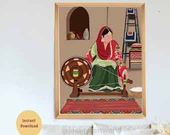 May include: A woman in a red and green dress sits on a rug and spins yarn on a spinning wheel. The spinning wheel is made of wood and has a brown and green design. The woman is in a room with a ladder and a basket of cotton.