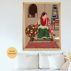 Punjabi Women Spinning the Charkha in Phulkari Art Print, Indian Ethnic Home Décor, Village Life , Traditional Indian Printable Wall Art