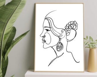 Minimalist Line art | Woman Line Drawing | Modern Minimalist Wall Art | Black and White I Indian Women Noserings Abstract Female Line Art