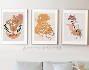 Set Of 3 Art Prints I Hindu elephant god art print I Ganesha wall decor I Aesthetic room decor I Indian elephant art I Minimalist Wall Art