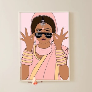 Braun Badass Indianer Braut Pink Boho Desi Art Poster Print I Indian Wall Decor I Desi Art Printable Poster