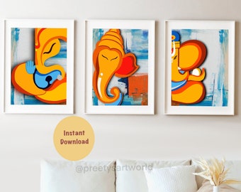 Set Of 3 Ganesha Art print I Digital Download  I Wall Art Décor I Abstract Art  | Indian God I Modern Ganesha Art I Religious Wall Art