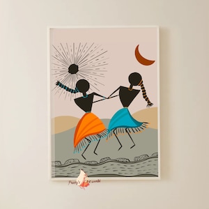 May include: A digital painting of two figures dancing with a sun and moon in the background. The figures are stylized and have orange and blue skirts. The background is a light gray with a brown and white pattern.