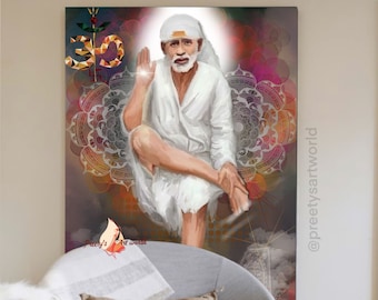 Sai Baba Shirdi With Om Symbol Wall Art Painting Home Decor I Hindu God Spiritual I Living Room Bedroom Home Decor Artwork I Religious