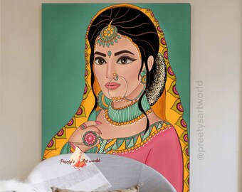 Indian Royal Lady Art Print,Printable Indian Wall Art,Indian Woman Painting,Downloadable Decor,Portrait Art Wall Pictures For Living Room