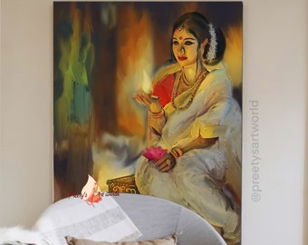 Maharashtrian Woman in White Saree Holding Diya Oil Painting Art Illustration Poster Print I Indian Home wall décor I Printable Artwork