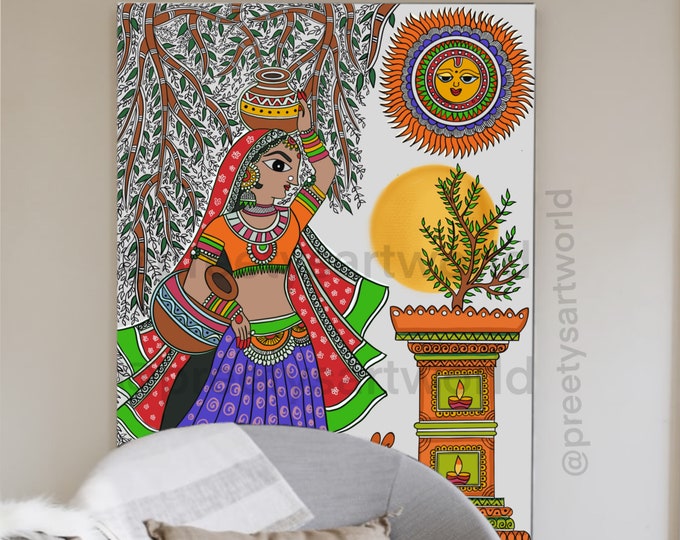 Indian Woman Carrying Water Pots, Madhubani Painting Preorder - Etsy Canada