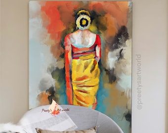油絵　インドの人々 ターバンを巻いたインド人女性アート、印刷可能なインドの壁アート