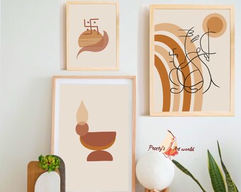 Set Of 3 Ganesha OM wall décor Indian Art Prints I Hindu elephant god art I Aesthetic room décor I Indian elephant art I Minimalist Wall Art