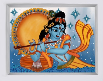 Krishna Indian Art I Krishna Rajasthani Paintings I Kerala Mural Painting I Digital Download I Religious I Hindu GOD I Spiritual Wall Art I