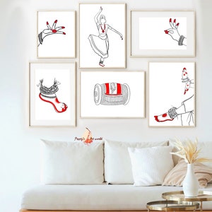 Set of 6 Kathak Dancers Feet Hand Mudra Tabla/Dholak One Line Drawing Poster I Indian Silhouette Wall Art Decor I Minimal One Line Design