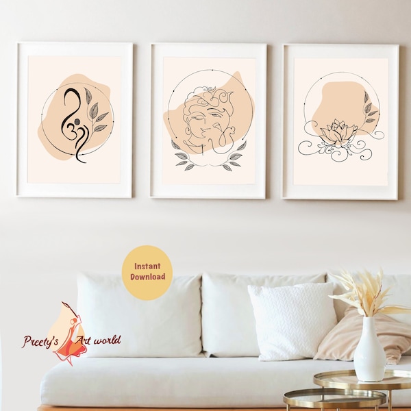 Buddha Ganesha  Lotus Om Boho Wall Art Set of 3 Prints I Abstract Gallery Wall Set I Modern Wall Art Bundle I Minimal Abstract Yoga Print