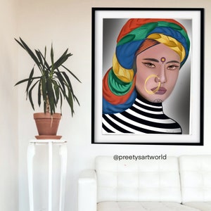 Indian women In Turban Art , Printable Indian Wall Art, Indian Woman Painting ,Downloadable Decor,Portrait Art Wall Pictures For Living Room