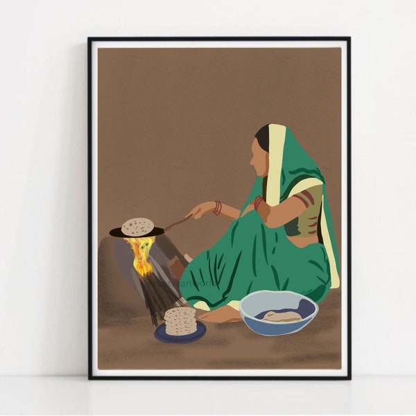 Indian Mom In Saree Cooking Roti I Grandma Mom Poster Print Gifts I Indian Village Art I Indian Home Illustration I Indian Ethnic Art