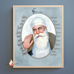Handdrawn Guru Nanak Dev ji & Handwritten Mool Mantar in Gurmukhi Sikh Art Illustration Poster Print I Sikh God Wall Art Home Decor