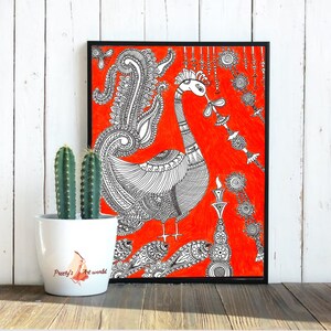 May include: A black and white line drawing of a peacock with intricate details on an orange background. The peacock is facing right and has its tail feathers spread out. The drawing is framed in black.
