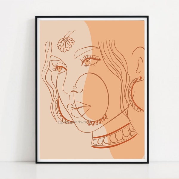 Indian Women Boho Desi Art Poster Print I One Line Art I Mid Century Modern Print I  Indian Wall Decor I  South Asian Art I Indian HomeDecor