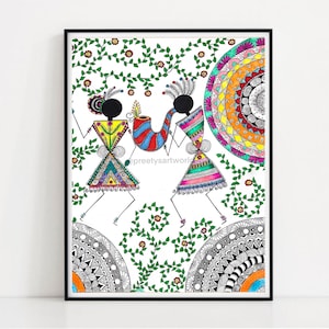 May include: A colorful folk art painting of two figures with intricate designs, holding a musical instrument. The background features a white canvas with green vines, flowers, and mandala patterns.