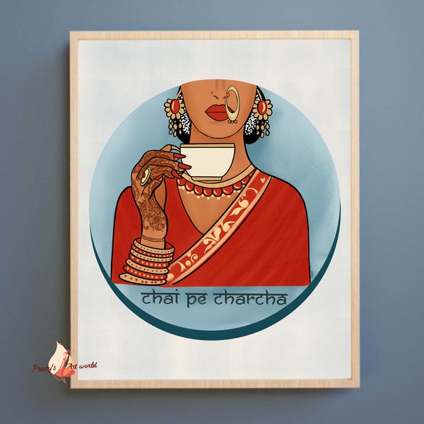 Chai Pe Charcha Art Printable Poster Print I Chai Tea I Women In Red Saree Drinking Chai I Gift for Chai Tea Lover I Print for Kitchen Wall