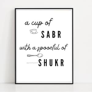 May include: Black and white printable wall art with the text "a cup of SABR with a spoonful of SHUKR" and a small illustration of a cup and a spoon.