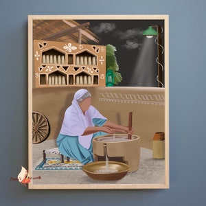 Punjabi Village Culture Art Illustration I Punjabi Donne che producono farina di frumento I Punjabi Tradizionale Wall Home Decor I Sikh Wall Art Gifts immagine 1
