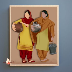 Punjabi Women Carrying Matka & Balti Village Art Poster I Indian Ethnic Home Décor I Traditional Indian Printable Wall Art Sikh Wall Art