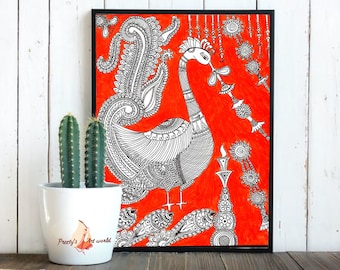 May include: A black and white line drawing of a peacock with intricate details on an orange background. The peacock is facing right and has its tail feathers spread out. The drawing is framed in black.