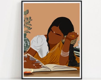 Indian Women In Saree Reading Book Boho Desi Art Illustartion Poster Print I Indian Book Lovers Wall Decor I  Indian Home Decor