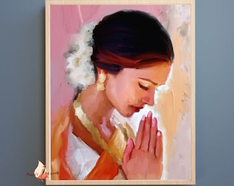 Indian Woman Digital Oil Painting Art Illustration Poster Print I  Traditional Home wall décor I Desi Women Portrait Art I Welcome Namaste
