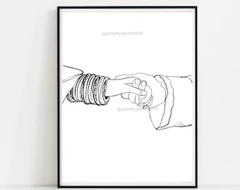Indyjska para trzymająca się za ręce plakat z grafiką liniową, wydruk rysunku linii dłoni, wydruk sztuki współczesnej, rysunek jedną linią, minimalistyczny wydruk