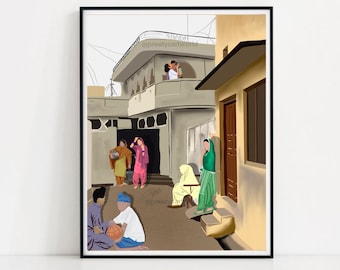 Mere Pind Di Galiyaan , Punjabi Village Art , Village Life , Indian Ethnic Home Decor , Sikh Gift Ideas , Traditional Punjabi wall decor
