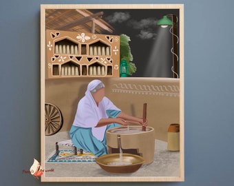Punjabi Village Culture Art Illustration I Punjabi Women Making Wheat Flour I Punjabi Traditional Wall Home Decor I Sikh Wall Art Gifts